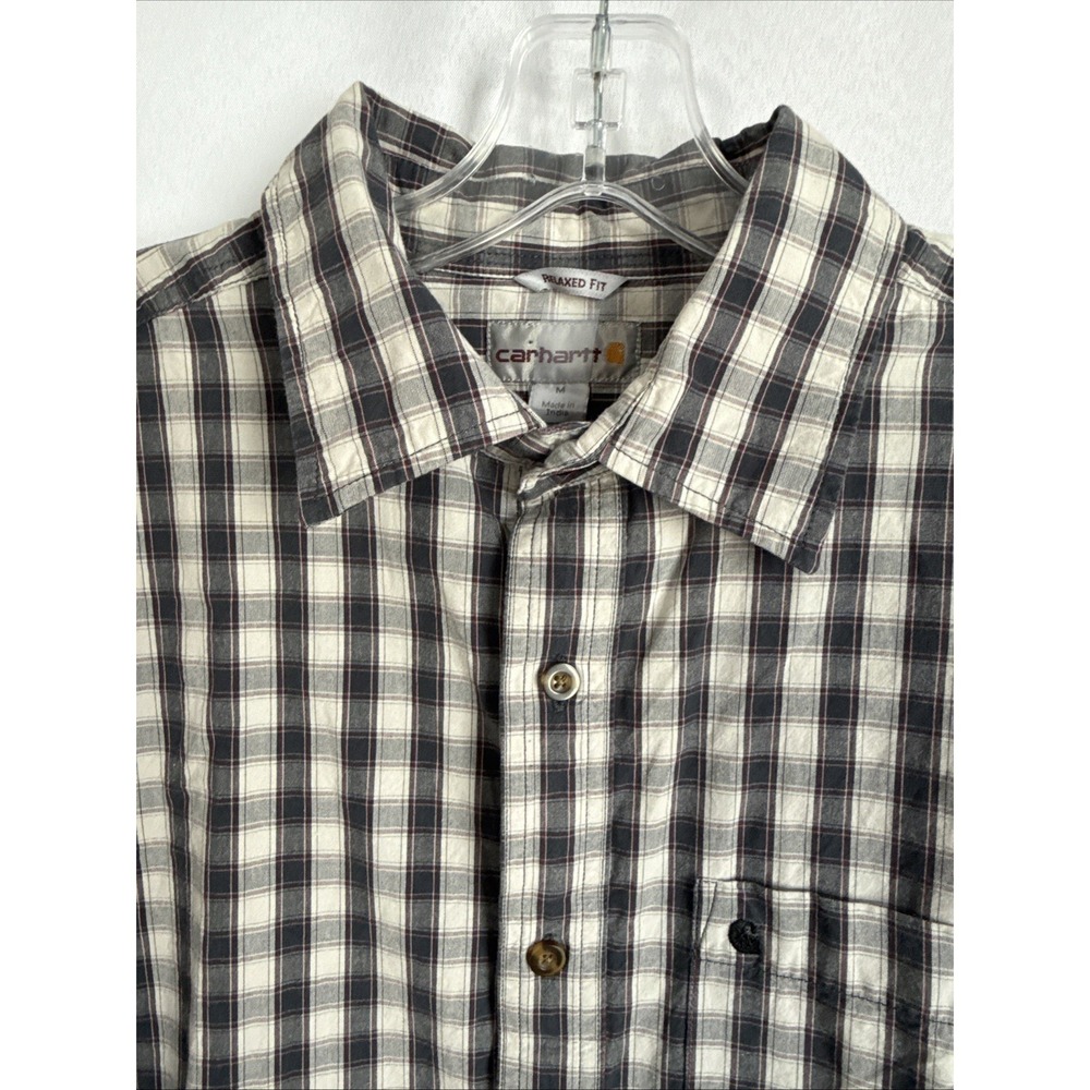 Carhartt Mens Medium Short Sleeve Button Up Shirt Relaxed 100% Cotton Logo Check